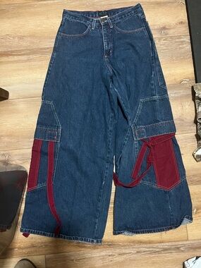 MT:2 super baggy raver wide Leg Dark Wash Denim Cargo Pants with Burgundy Strap